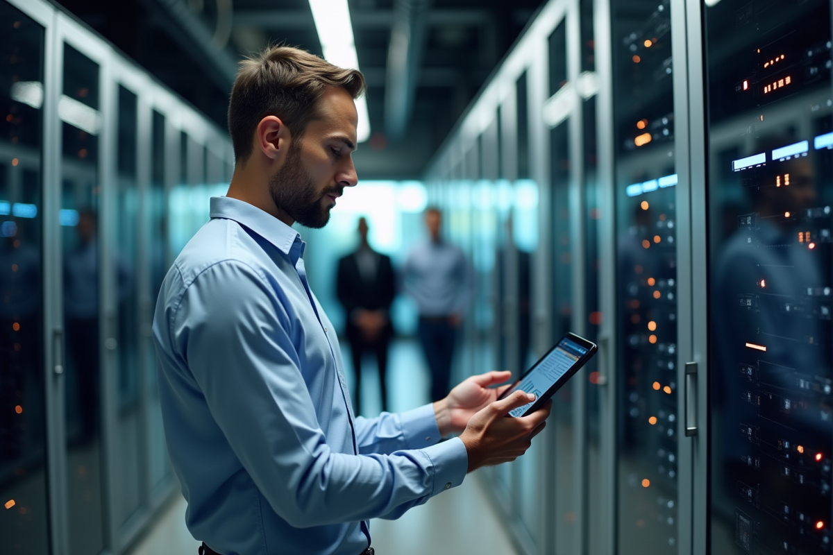 Manager informatique consultant un tableau de bord ERP dans un serveur