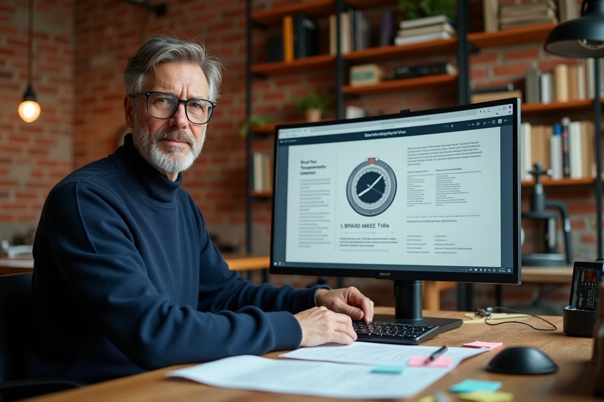 Graphiste consultant un guide d'utilisation de marque horlogère sur son écran en studio créatif
