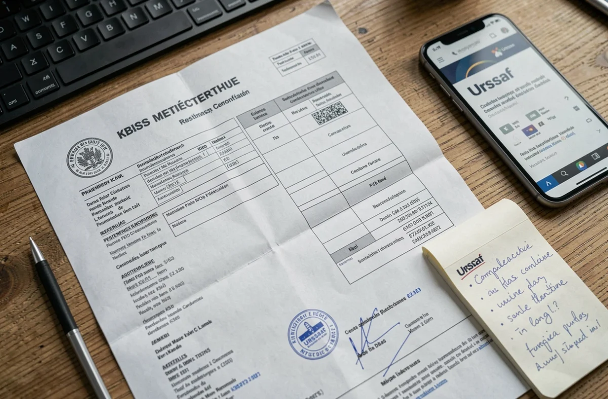 Gros plan sur un extrait Kbis officiel posé sur un bureau avec des notes de conformité administrative et un smartphone