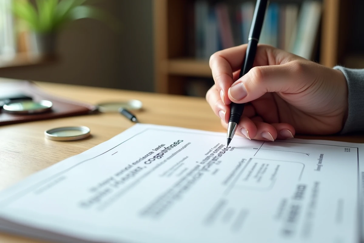 Gros plan sur les mentions d'un extrait Kbis avec un stylo pointant les informations légales sur un bureau