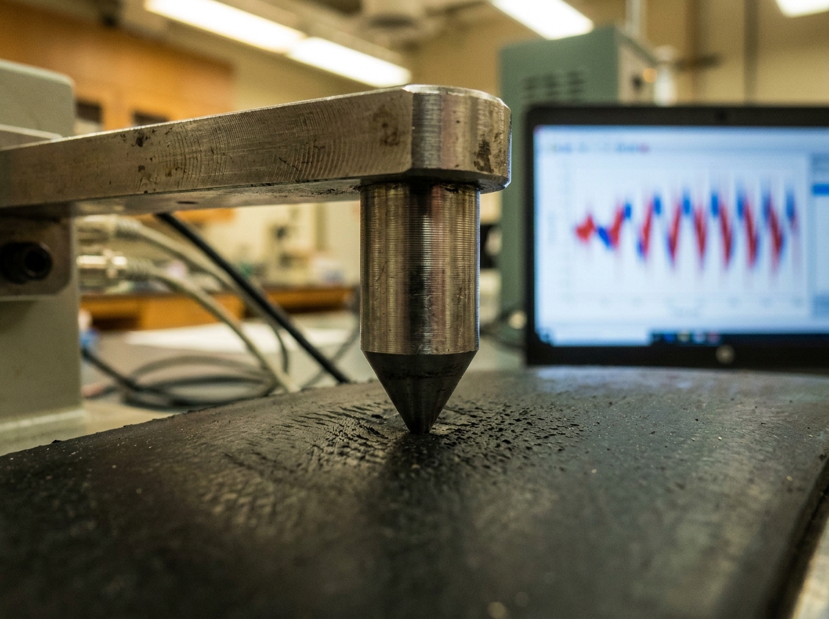 Gros plan sur un palpeur de tribomètre en contact avec une surface polymère lors d'un test stick-slip