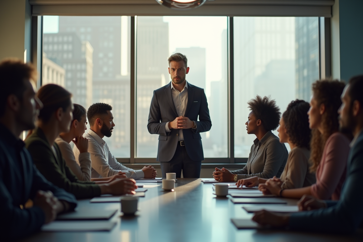 Groupe de collègues au bureau avec leader confiant