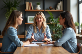 Groupe de trois adultes en coaching dans un bureau moderne