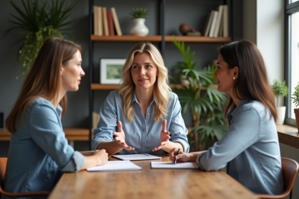 Groupe de trois adultes en coaching dans un bureau moderne