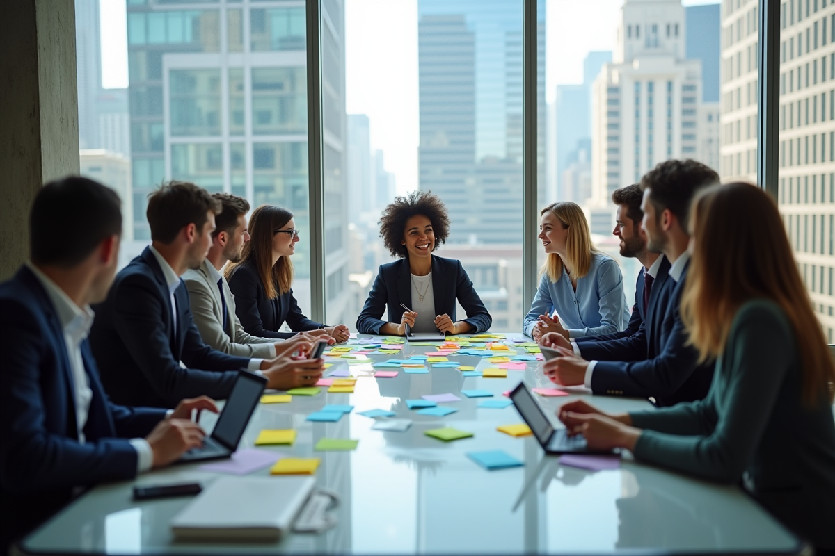 Groupe de professionnels en réunion brainstorming avec vue urbaine
