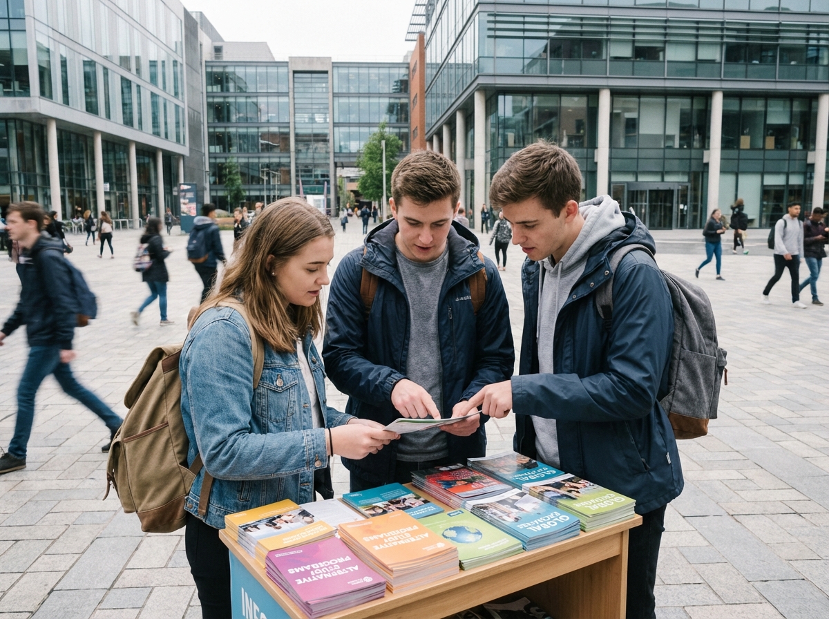 Trois étudiants examinant des brochures d