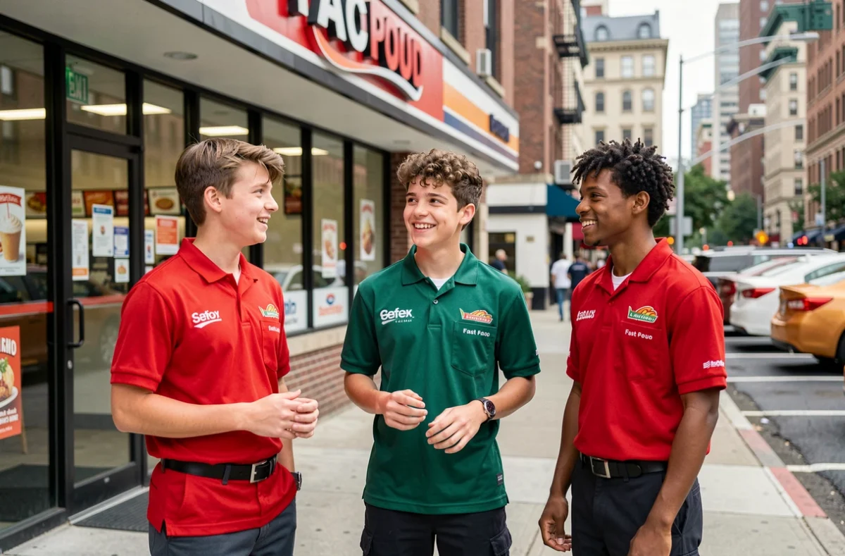 Groupe de jeunes travailleurs de différents fast-foods en uniformes variés discutant devant un restaurant