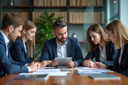 Groupe de professionnels en réunion dans un bureau moderne