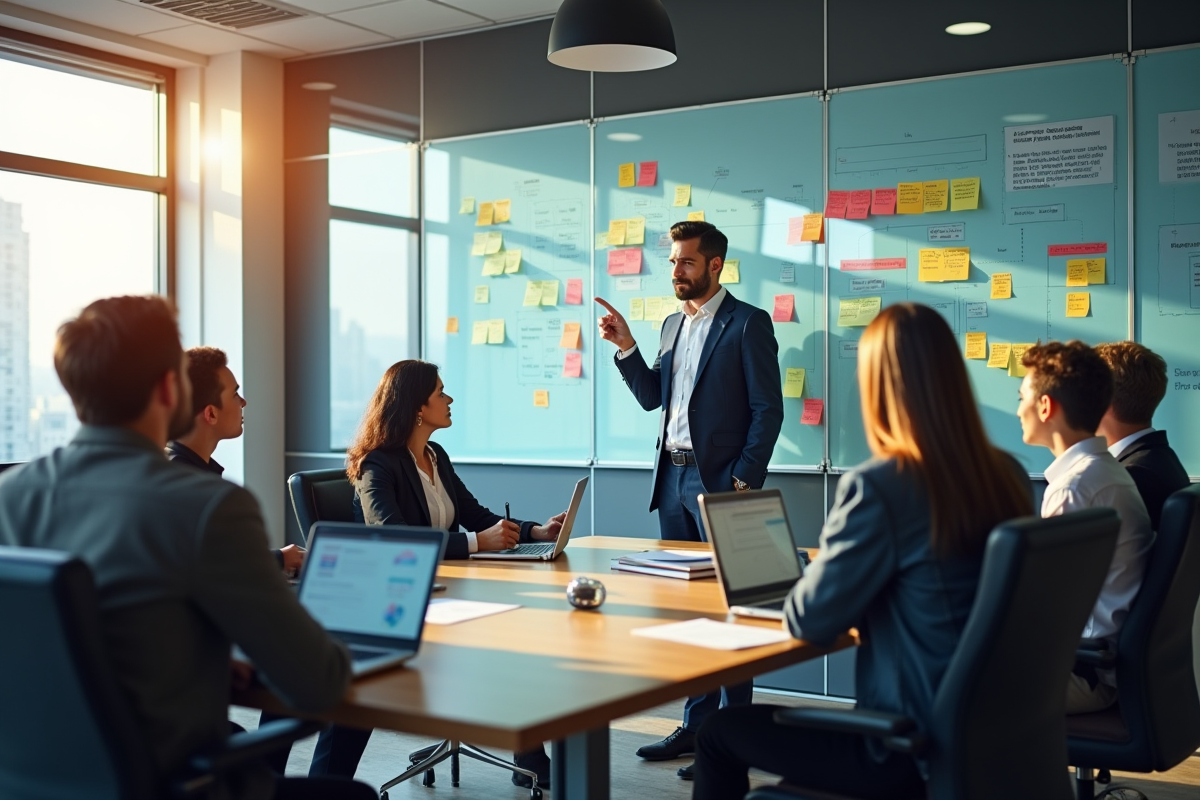 Groupe de professionnels lors d'une réunion avec tableau digital