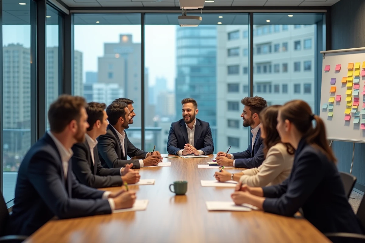Groupe de professionnels en réunion dans une salle moderne