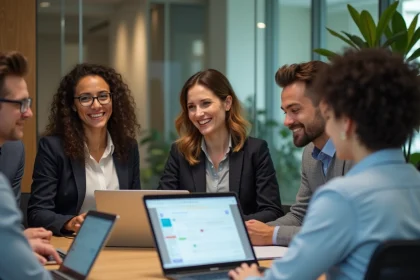 Groupe d'employes en reunion autour d'un ordinateur