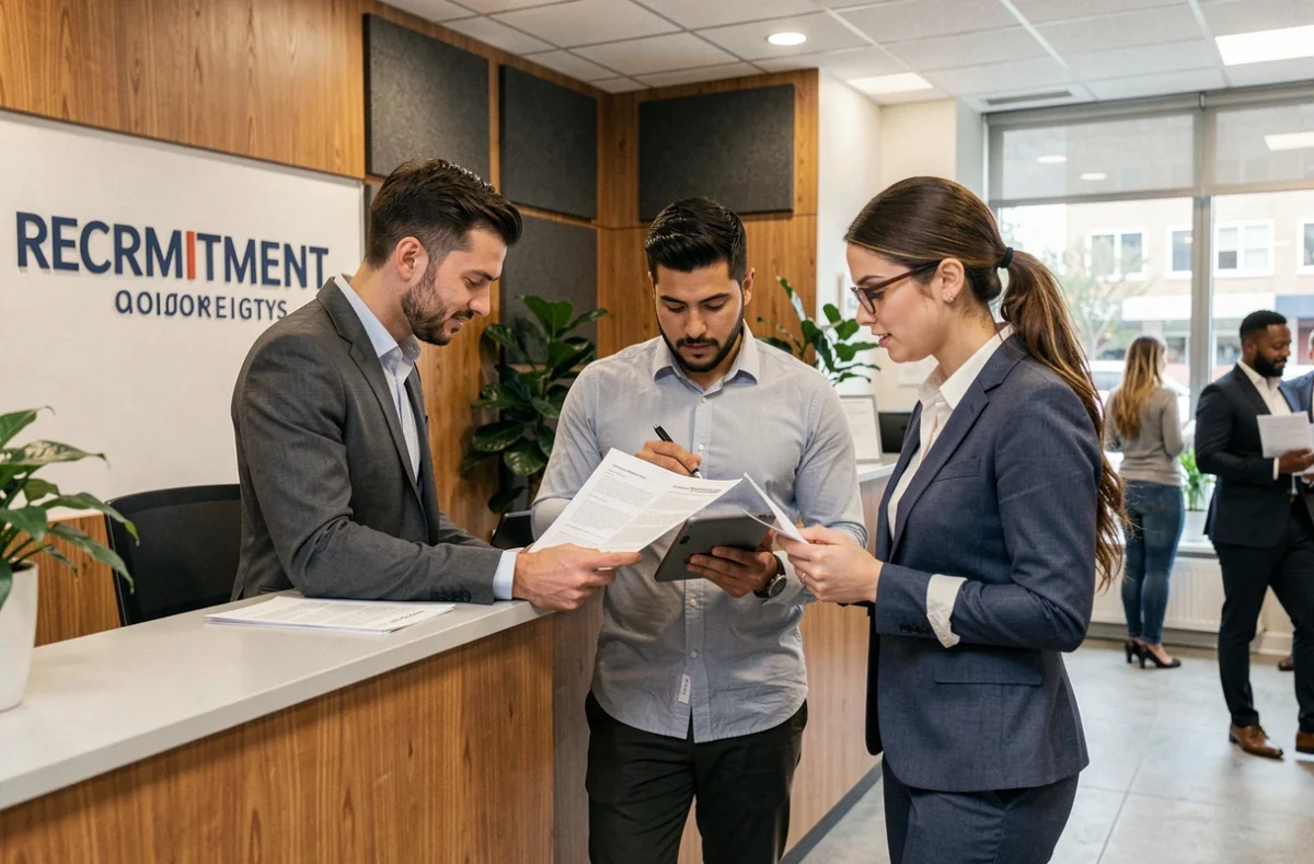 Équipe de recruteurs Hays à Lyon examinant des candidatures dans un espace d'accueil professionnel