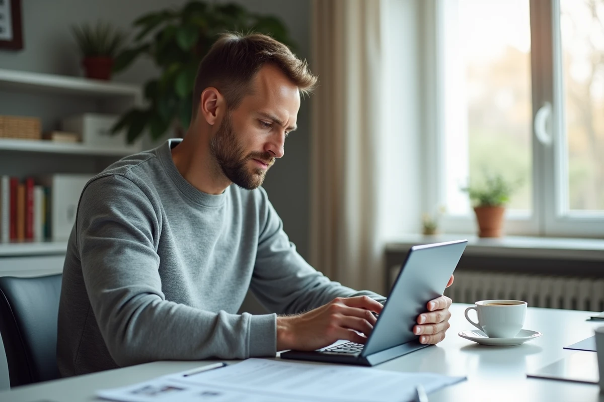 Un homme consulte sa plateforme RH en ligne depuis son bureau à domicile pour accéder à ses documents après un changement d'emploi