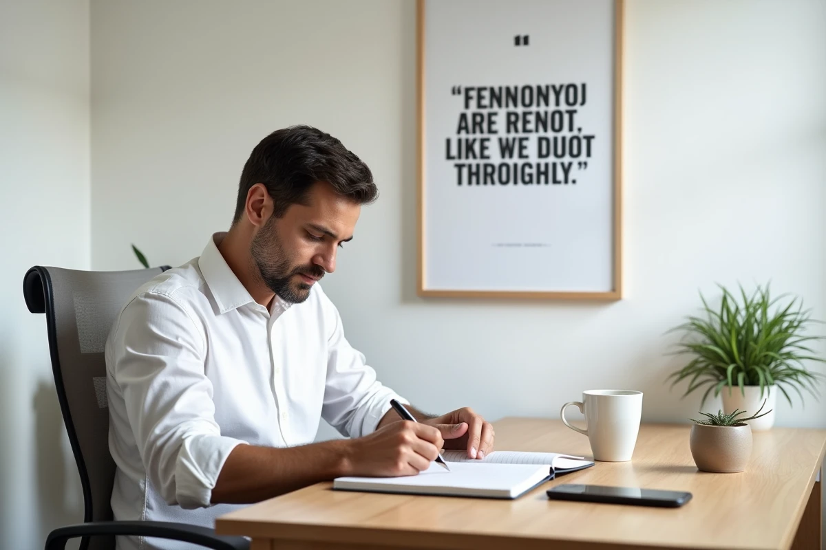 Homme d'affaires écrivant une citation sur l'esprit d'équipe dans un carnet dans un bureau minimaliste