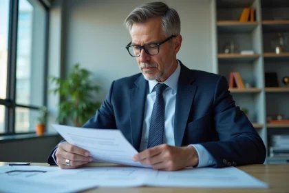 Homme d affaires en costume examine des documents officiels