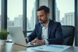 Homme d'affaires en costume bleu analysant des rapports financiers