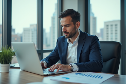 Homme d'affaires en costume bleu analysant des rapports financiers