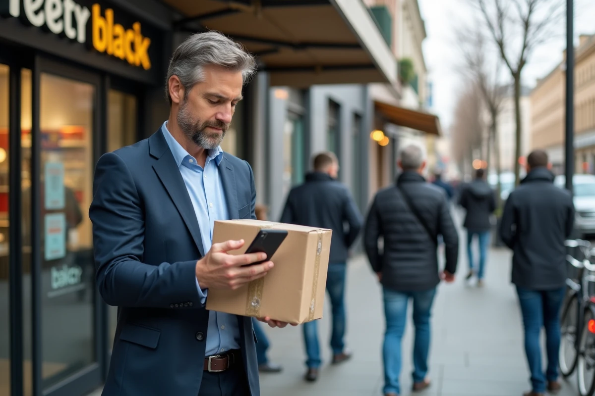 Homme vérifiant son smartphone avec un colis en main en ville