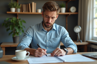 Homme de 30 ans remplissant un rapport d'accident dans un bureau moderne