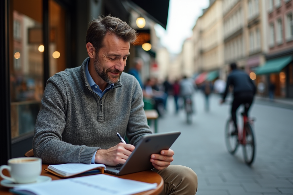 Homme d age moyen au café avec tablette en ville