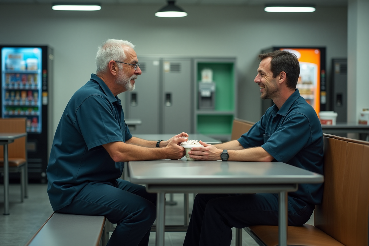 Homme en uniforme partageant un repas avec un collègue