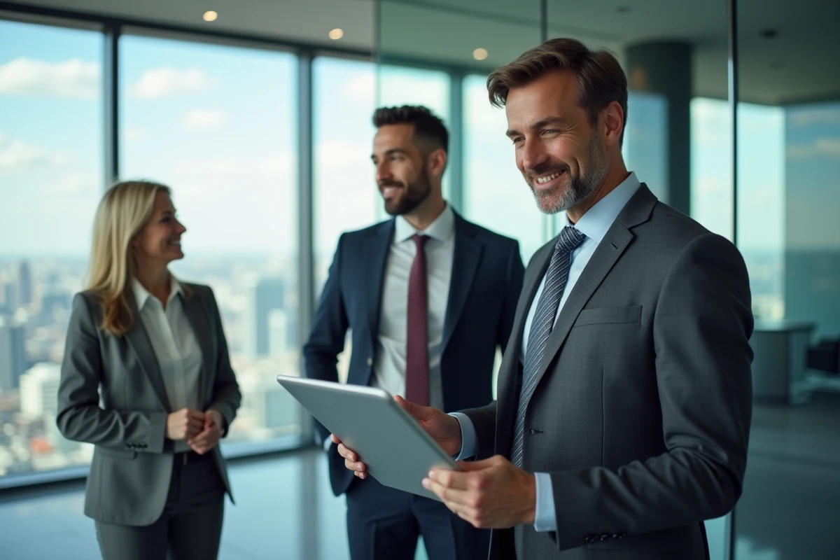 Homme en costume montrant un logiciel de douane à ses collègues