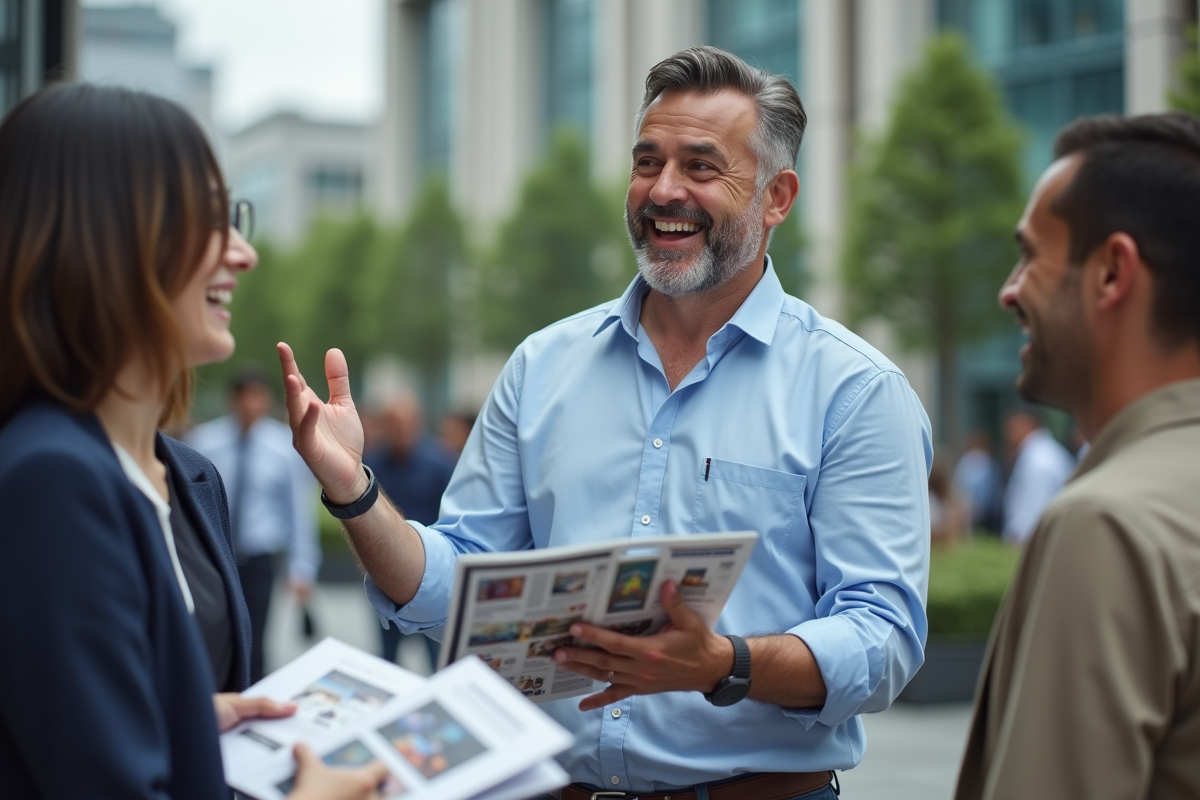 Homme discutant avec équipe dans un espace urbain