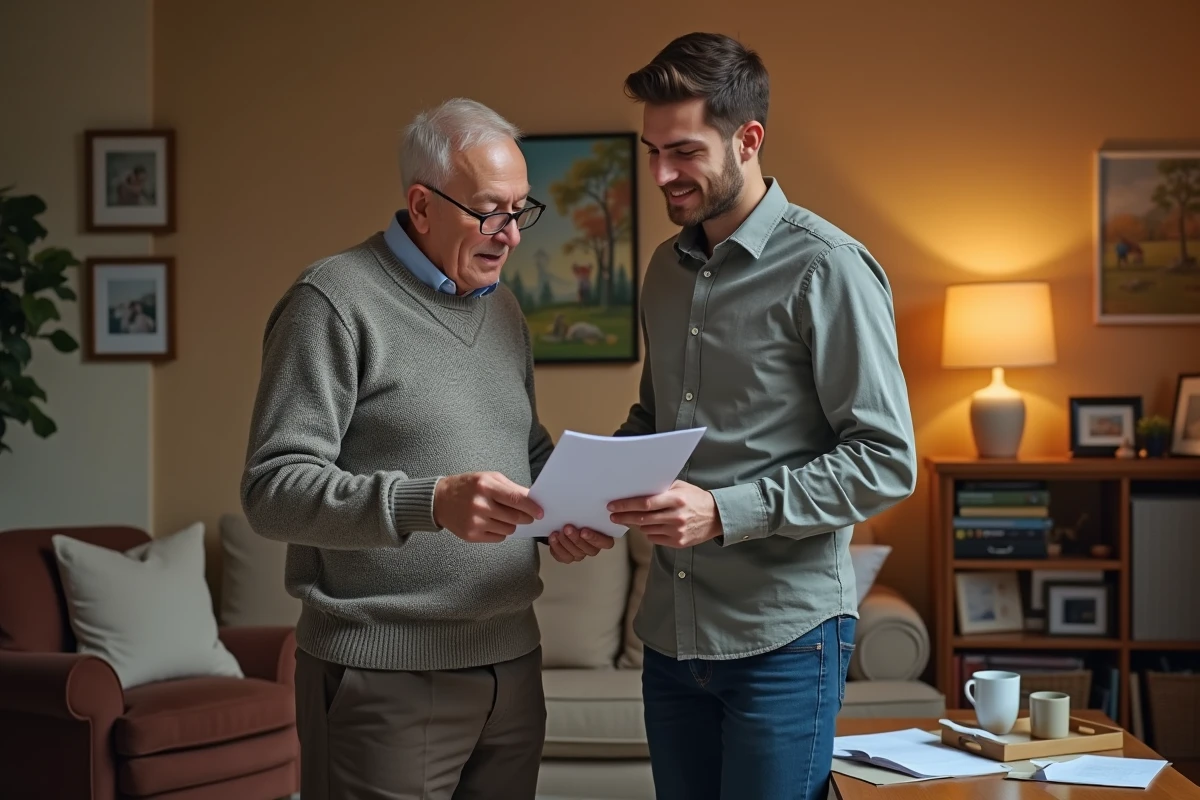 Homme &acirc;g&eacute; discutant avec un conseiller dans un salon chaleureux