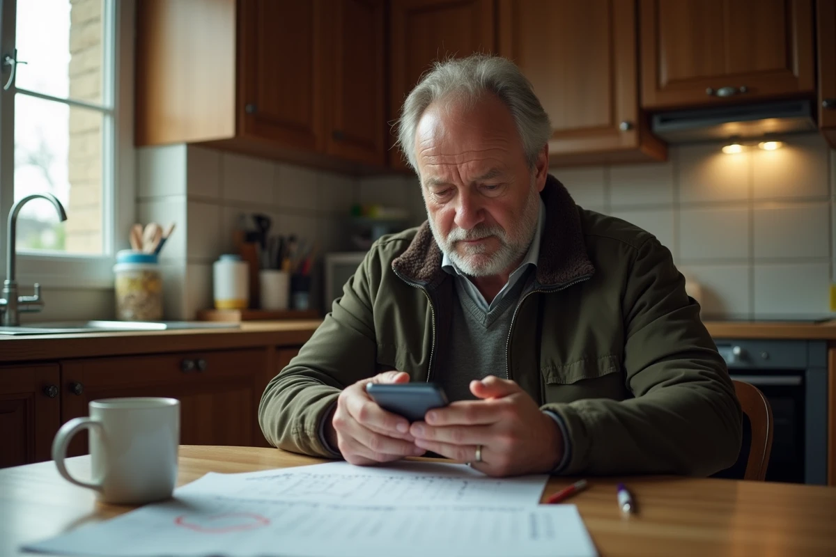 Un homme à domicile consulte son téléphone en vérifiant ses droits et délais liés au CSP, entouré de documents administratifs et d'un calendrier avec des échéances
