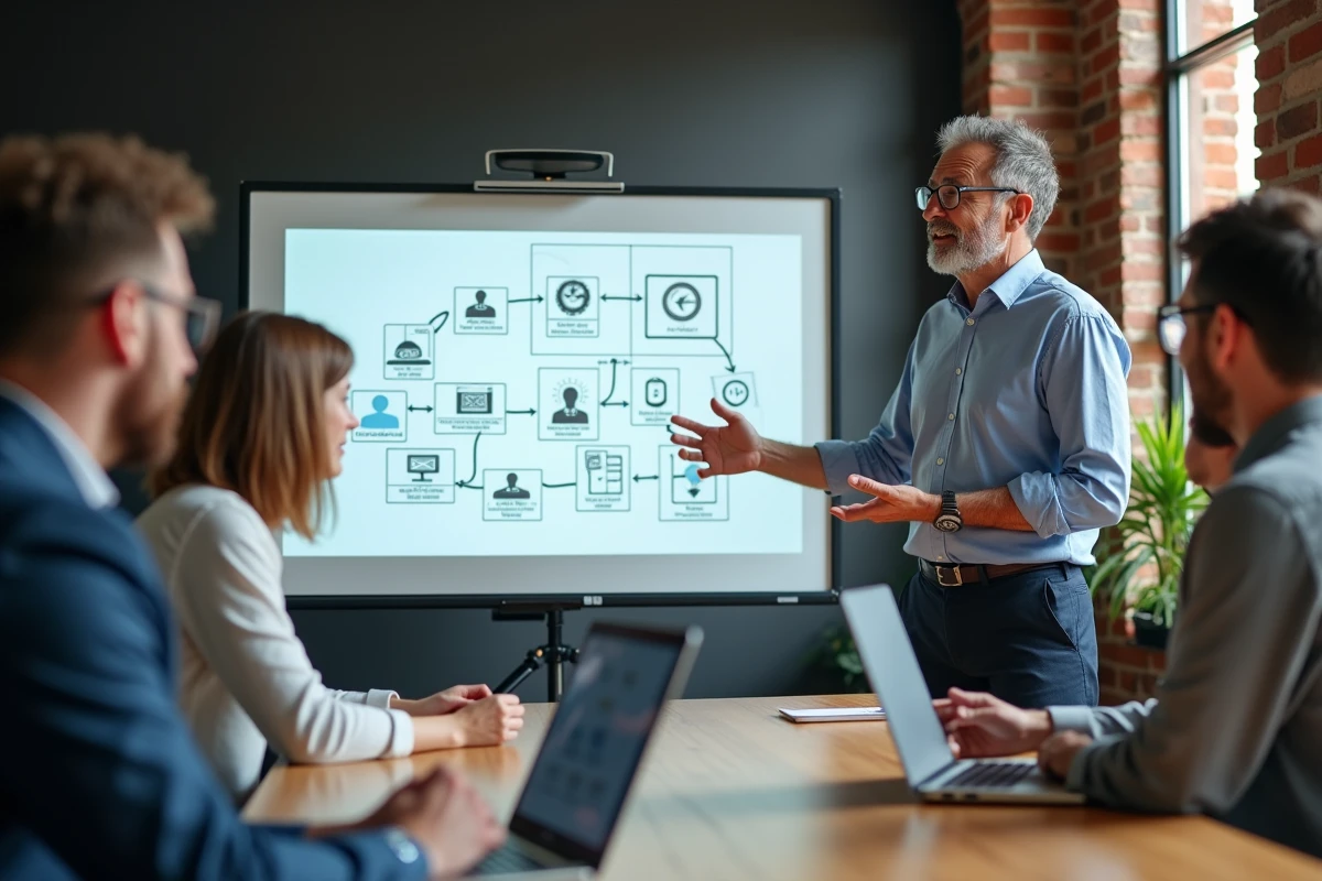 Homme expliquant un flux de donn&eacute;es avec tableau blanc
