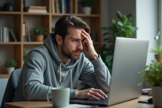 Homme frustré devant un écran d'erreur Linux sur un ordinateur portable dans un bureau à domicile, illustrant un problème de connexion Mabox RH