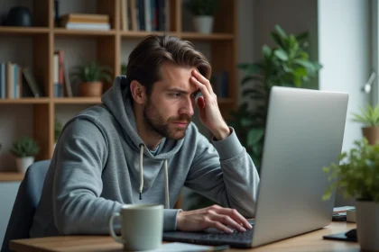 Homme frustré devant un écran d'erreur Linux sur un ordinateur portable dans un bureau à domicile, illustrant un problème de connexion Mabox RH