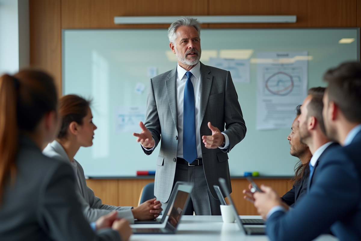 Homme en costume dirigeant une réunion avec son équipe en salle de réunion