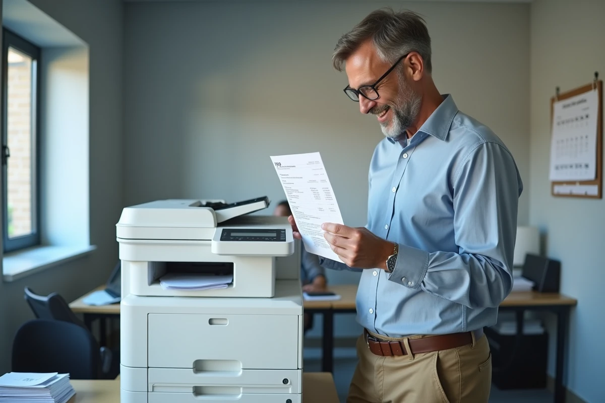 Homme vérifiant une facture imprimée dans un bureau