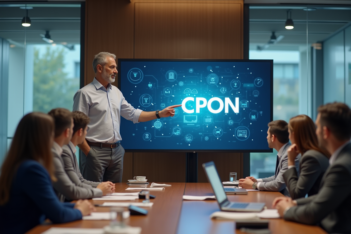 Homme IT expliquant le concept CPON en réunion