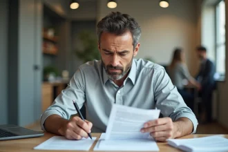 Un homme d'une quarantaine d'années lit attentivement un contrat de CSP avant de signer, stylo en main, dans un bureau professionnel