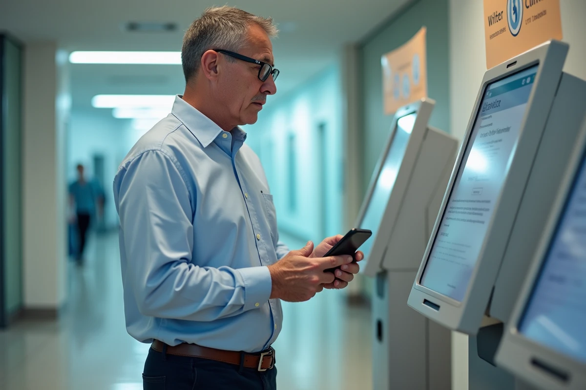 Homme en chemise examinant un message d’erreur sur un kiosque