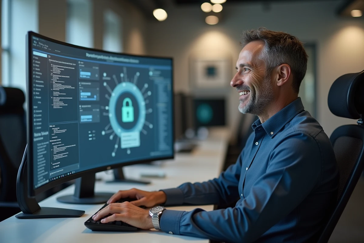 Homme d affaires explorant une plateforme de securite en ligne