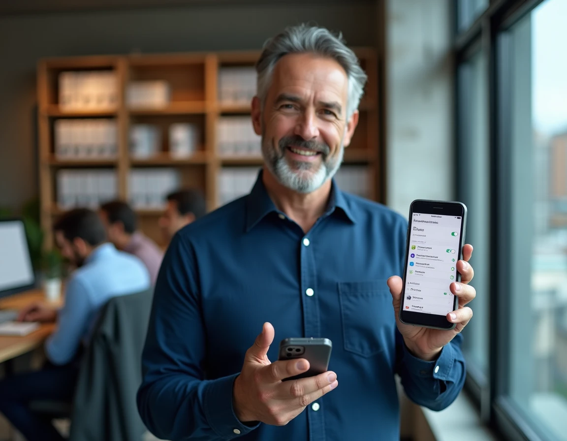 Homme consultant les paramètres de confidentialité RGPD de son compte sur smartphone dans un espace de coworking