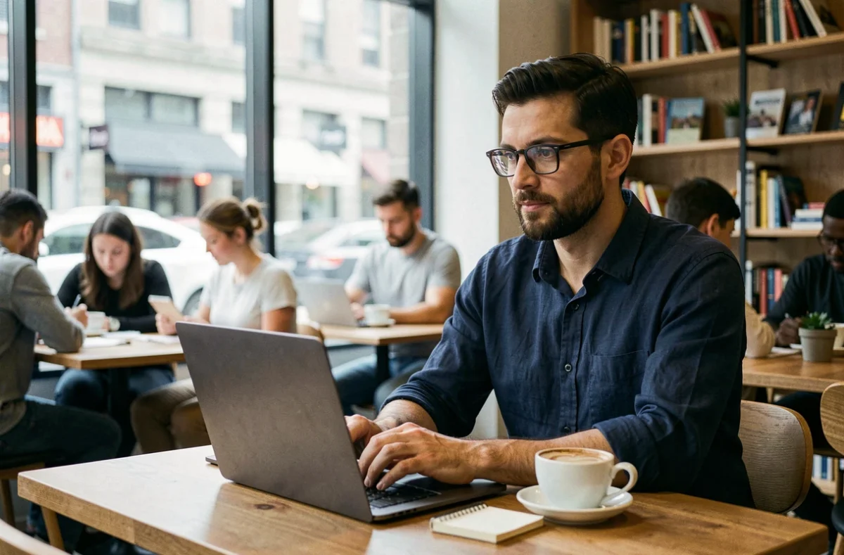 Homme barbu en télétravail dans un café co-working moderne, travaillant sur un ordinateur portable, symbolisant la liberté du travail à distance
