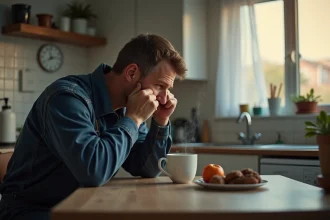 Homme en salopette bleue matin cuisine contemplatif