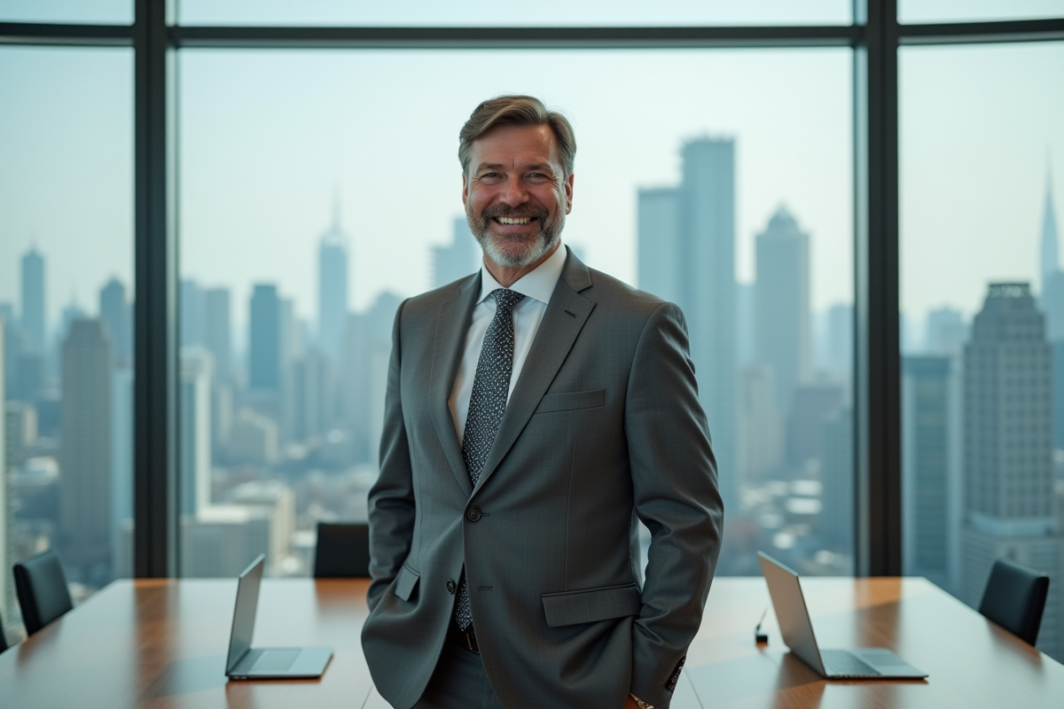 Homme d affaires souriant devant vue urbaine en salle de réunion