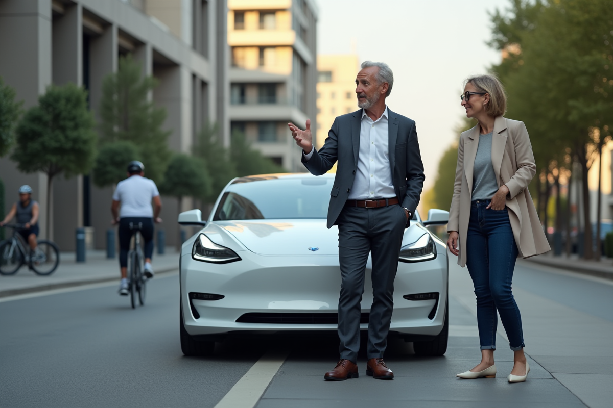 Homme confiant avec voiture électrique en ville