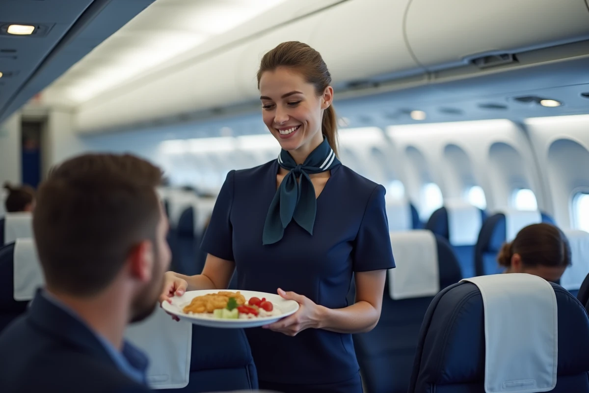 Hôtesse de l'air servant un repas en classe économique à bord d'un Airbus A330