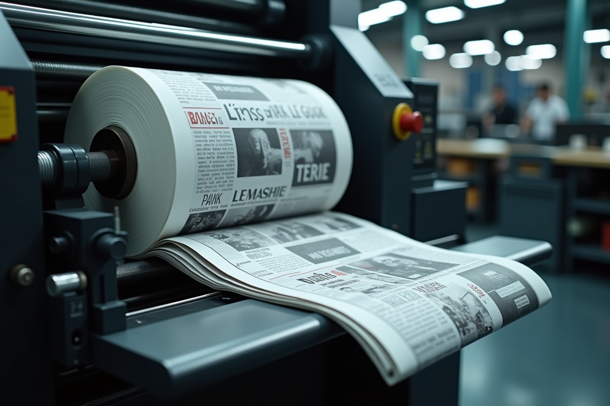 Impressionnante presse moderne en action avec journaux sortant