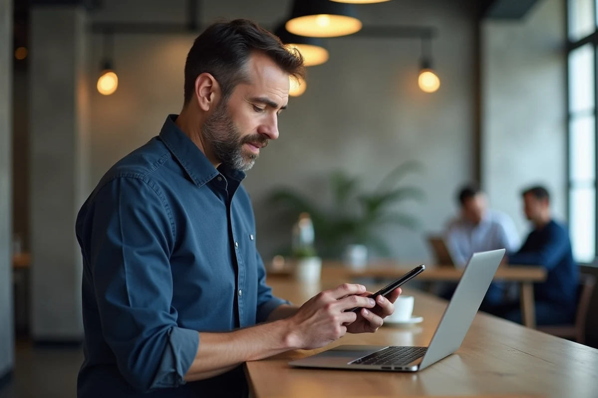 Travailleur indépendant consultant son application de gestion de rendez-vous sur smartphone dans un espace de coworking moderne
