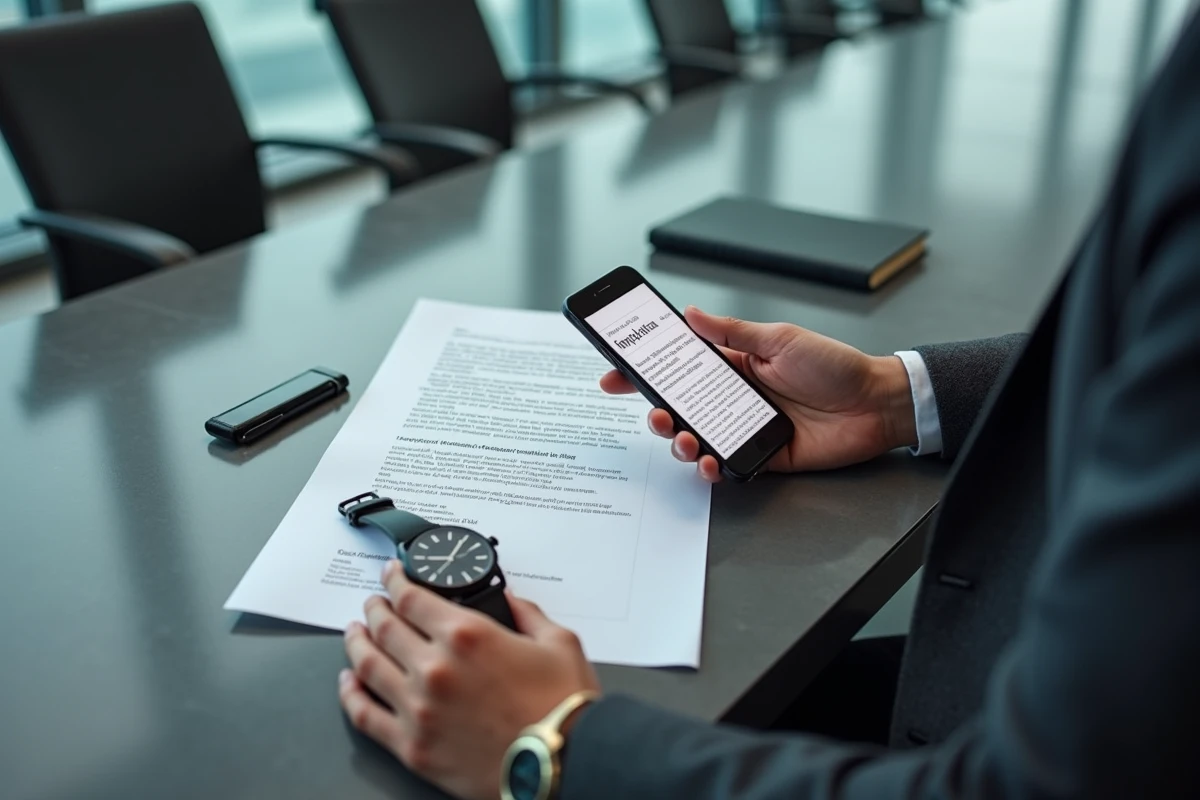 Mains tenant une lettre d'infraction de marque et un smartphone affichant un avis de contrefaçon de logo horloger