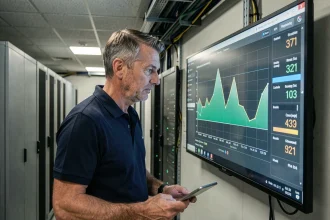 Ingénieur énergie analysant les données de performance d'un centre SVC sur un tableau de bord numérique en temps réel