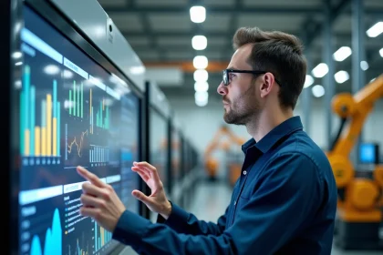 Ingénieur industriel analysant des données de production en temps réel sur un tableau de bord numérique dans une usine moderne