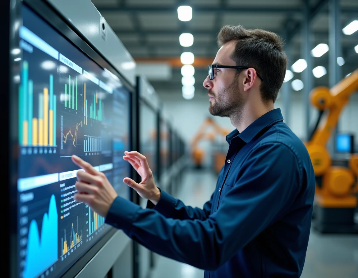 Ingénieur industriel analysant des données de production en temps réel sur un tableau de bord numérique dans une usine moderne
